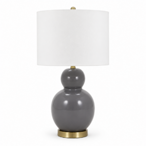 Grey ceramic table lamp with a rounded base and white fabric shade, isolated on a clean background for product display.