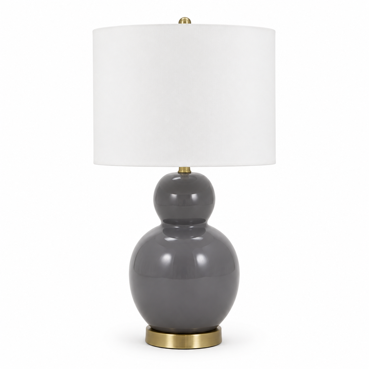 Grey ceramic table lamp with a rounded base and white fabric shade, isolated on a clean background for product display.