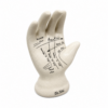 Ceramic palmistry hand ornament with printed line markings and crackle glaze finish, isolated on a clean background for product display.