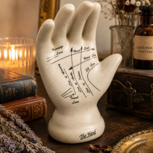 Ceramic palmistry hand ornament with crackle glaze finish and detailed line markings, styled on a wooden shelf in a warm, eclectic interior with soft ambient lighting.