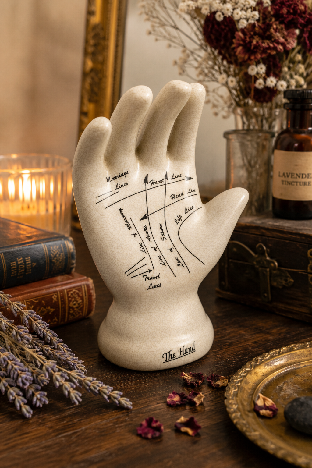 Ceramic palmistry hand ornament with crackle glaze finish and detailed line markings, styled on a wooden shelf in a warm, eclectic interior with soft ambient lighting.