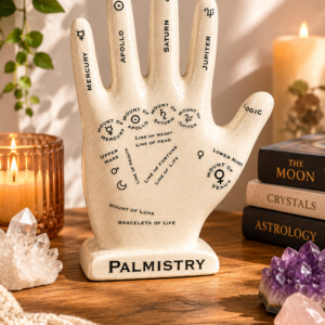 Ceramic palmistry hand ornament with printed astrology symbols, styled on a wooden table surrounded by candles, crystals and books in a warm, mystical interior setting.