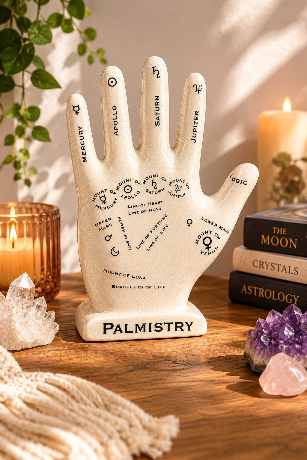 Ceramic palmistry hand ornament with printed astrology symbols, styled on a wooden table surrounded by candles, crystals and books in a warm, mystical interior setting.