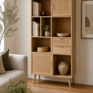 Light wood storage cabinet with rattan panel doors, open shelving and drawers styled in a modern Scandinavian living room with neutral décor and natural textures.
