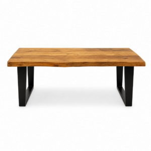 Rectangular wooden coffee table with natural grain top and black metal legs, isolated on a clean background for product display.