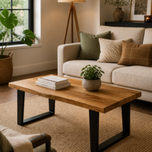 Rectangular wooden coffee table with natural live-edge style top and black metal legs styled in a modern living room with a sofa, rug and warm neutral décor.
