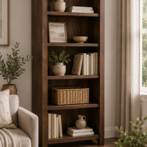 Solid dark mango wood bookshelf with five open shelves, styled in a modern neutral living room with books, décor, and soft furnishings.