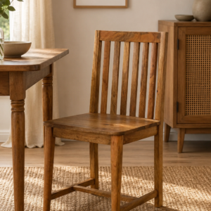 Wooden dining chair with vertical slatted backrest and solid seat in a modern rustic dining room