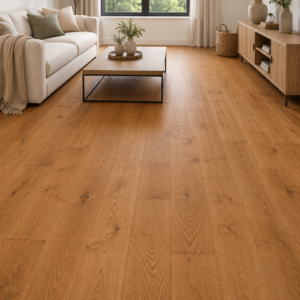 Warm medium oak engineered wood flooring with rich natural grain and subtle knots, shown in a bright modern living room with wide plank layout and the floor as the main focal point.