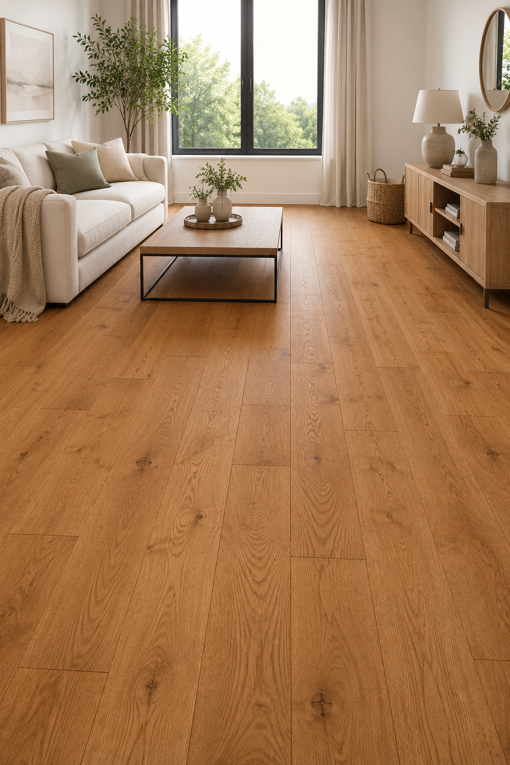 Warm medium oak engineered wood flooring with rich natural grain and subtle knots, shown in a bright modern living room with wide plank layout and the floor as the main focal point.