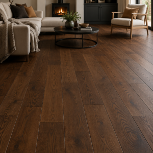 Dark rustic oak engineered wood flooring with rich brown tones and pronounced natural grain, shown in a modern living room setting with wide plank layout, with the floor as the main focal point.