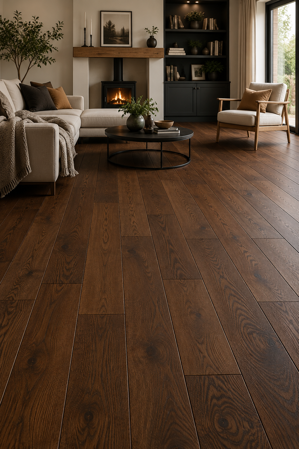 Dark rustic oak engineered wood flooring with rich brown tones and pronounced natural grain, shown in a modern living room setting with wide plank layout, with the floor as the main focal point.